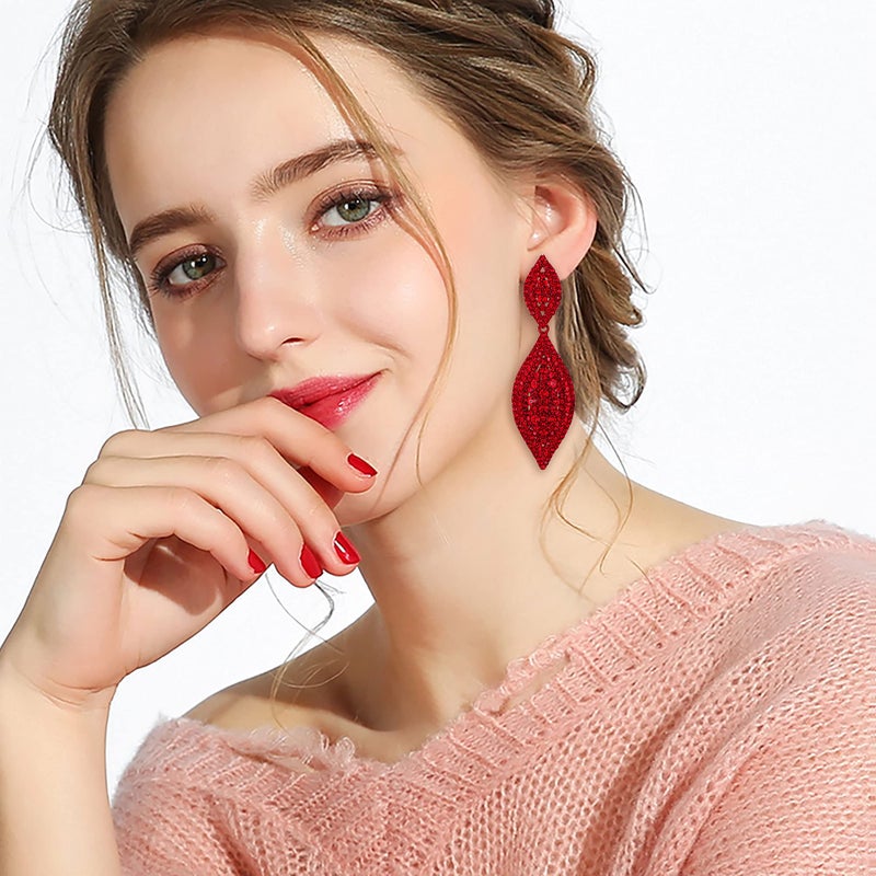 Flyonce Clip On Earrings for Women, Glitter Rhinestone Crystal Wedding Bridal Clip-on Drop Dangle Earring for Non Pierced Ears Red Red-Tone - Image 4